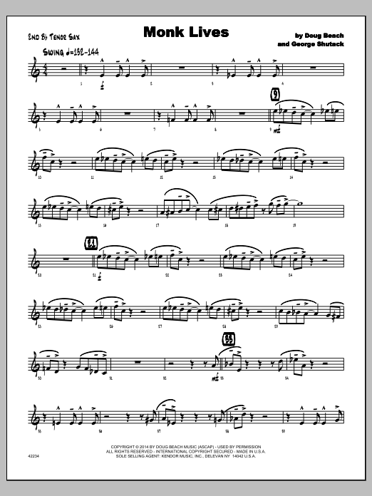 Download George Shutack Monk Lives - 1st Bb Tenor Saxophone Sheet Music