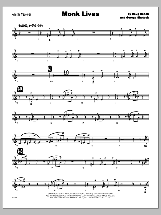 Download George Shutack Monk Lives - 4th Bb Trumpet Sheet Music