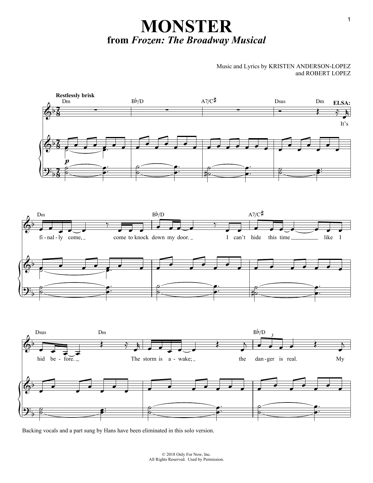 Download Kristen Anderson-Lopez & Robert Lope Monster [Solo version] (from Frozen: Th Sheet Music