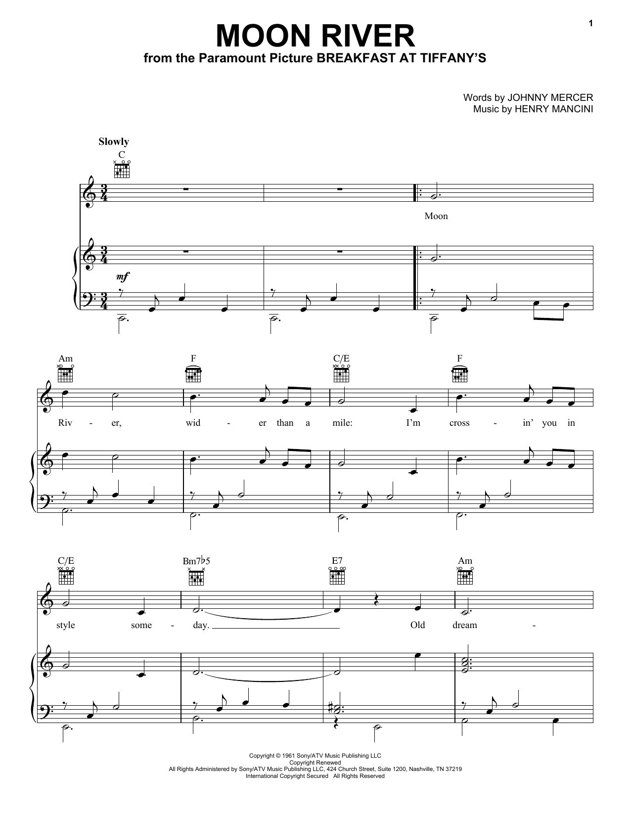 Andy Williams Moon River sheet music notes printable PDF score