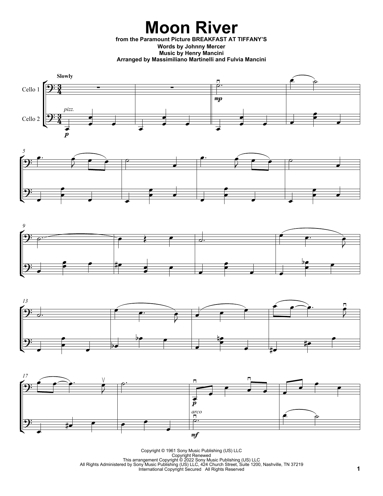Download Mr & Mrs Cello Moon River Sheet Music