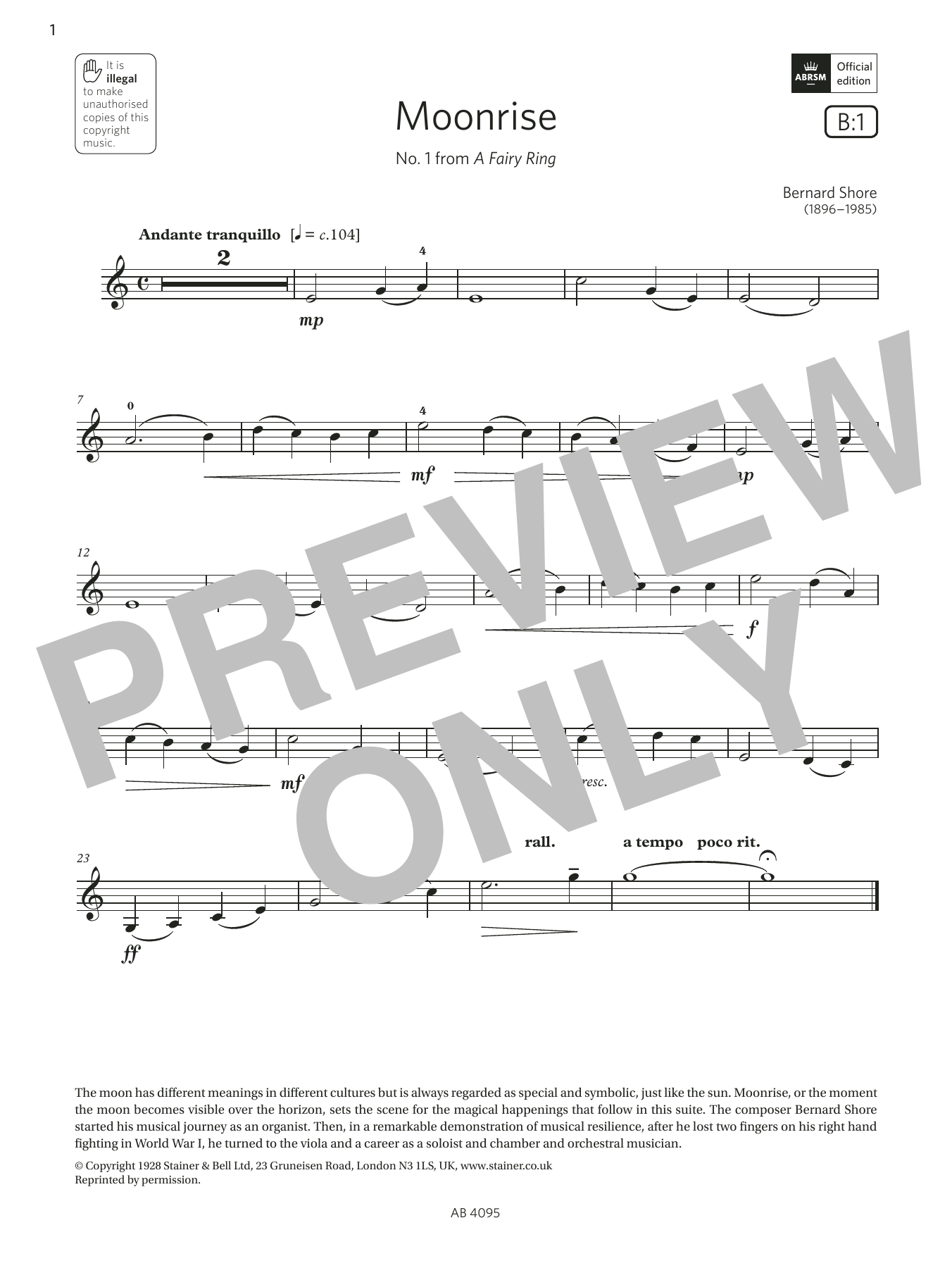 Download Bernard Shore Moonrise (Grade 1, B1, from the ABRSM V Sheet Music