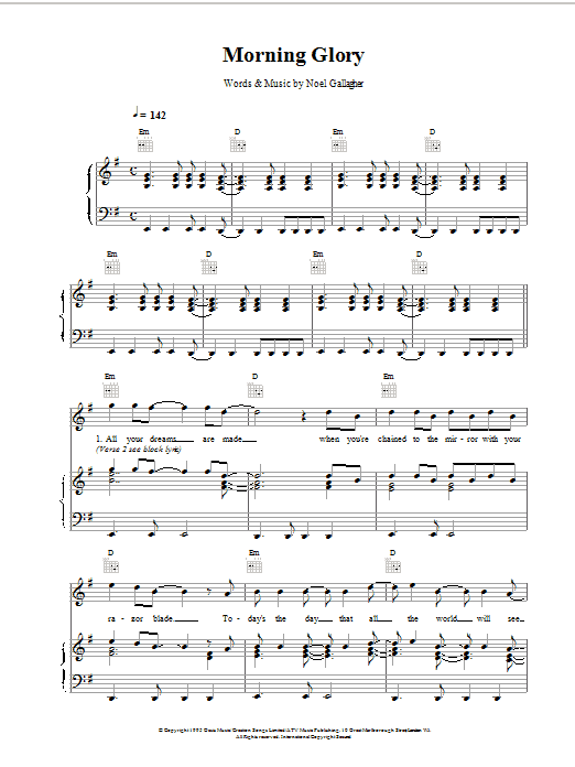 Oasis Morning Glory sheet music notes printable PDF score