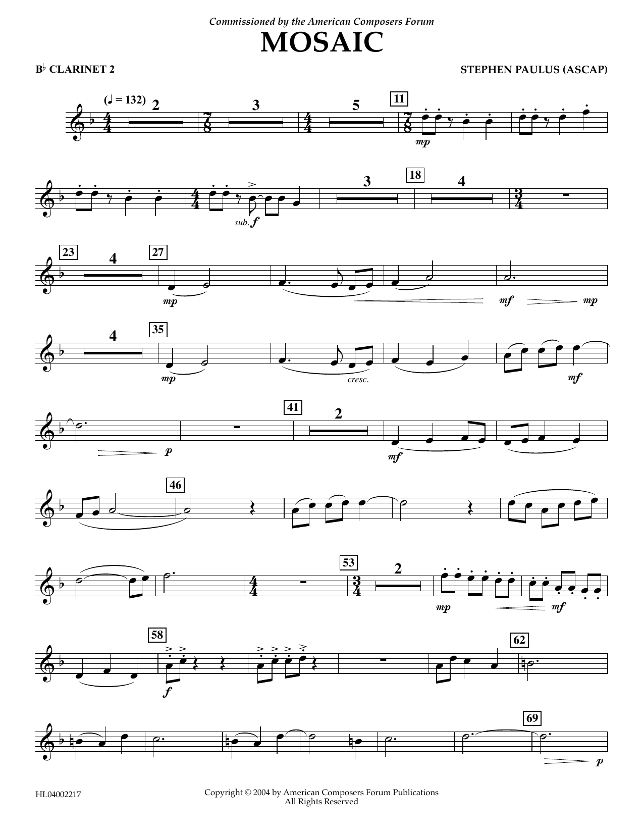 Download Stephen Paulus Mosaic - Bb Clarinet 2 Sheet Music