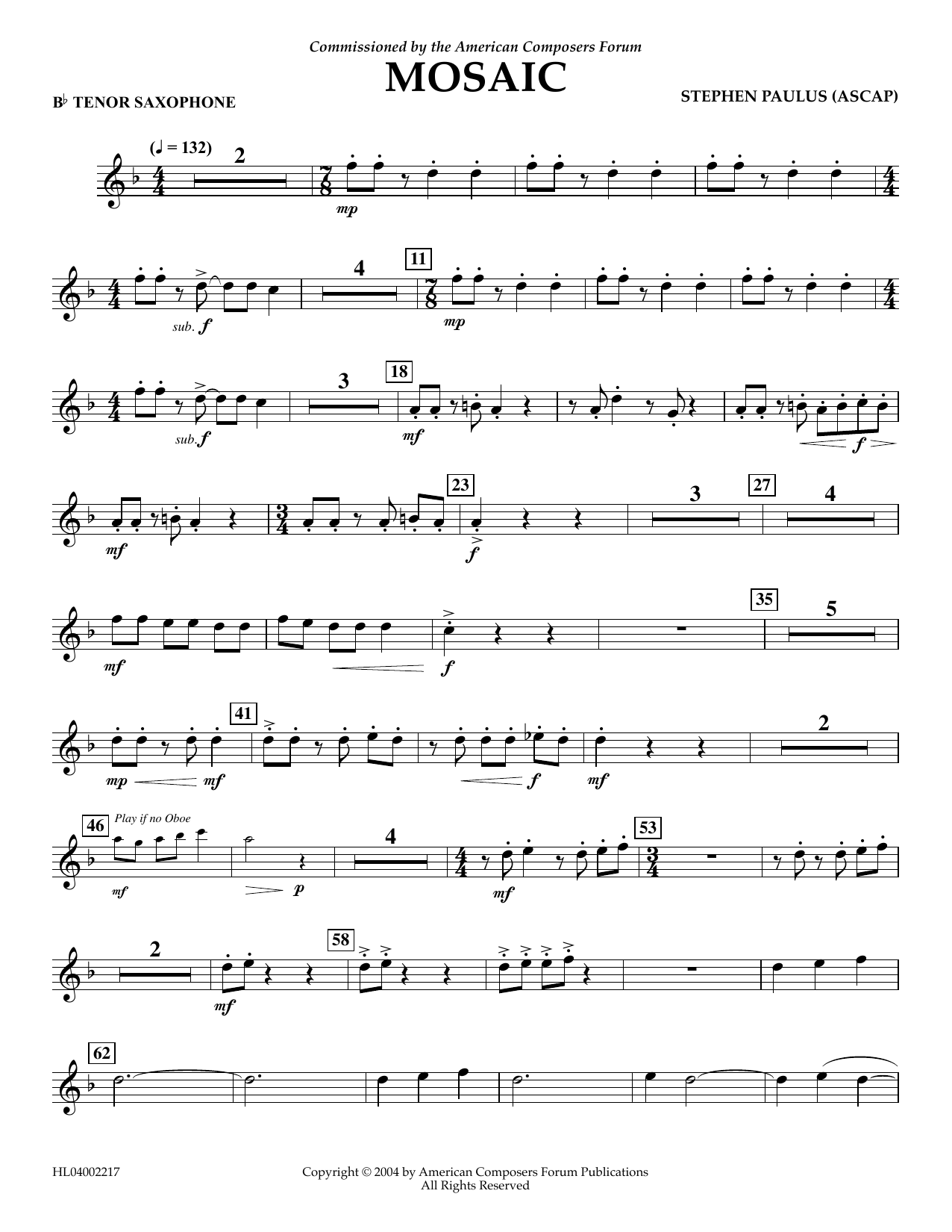 Download Stephen Paulus Mosaic - Bb Tenor Saxophone Sheet Music