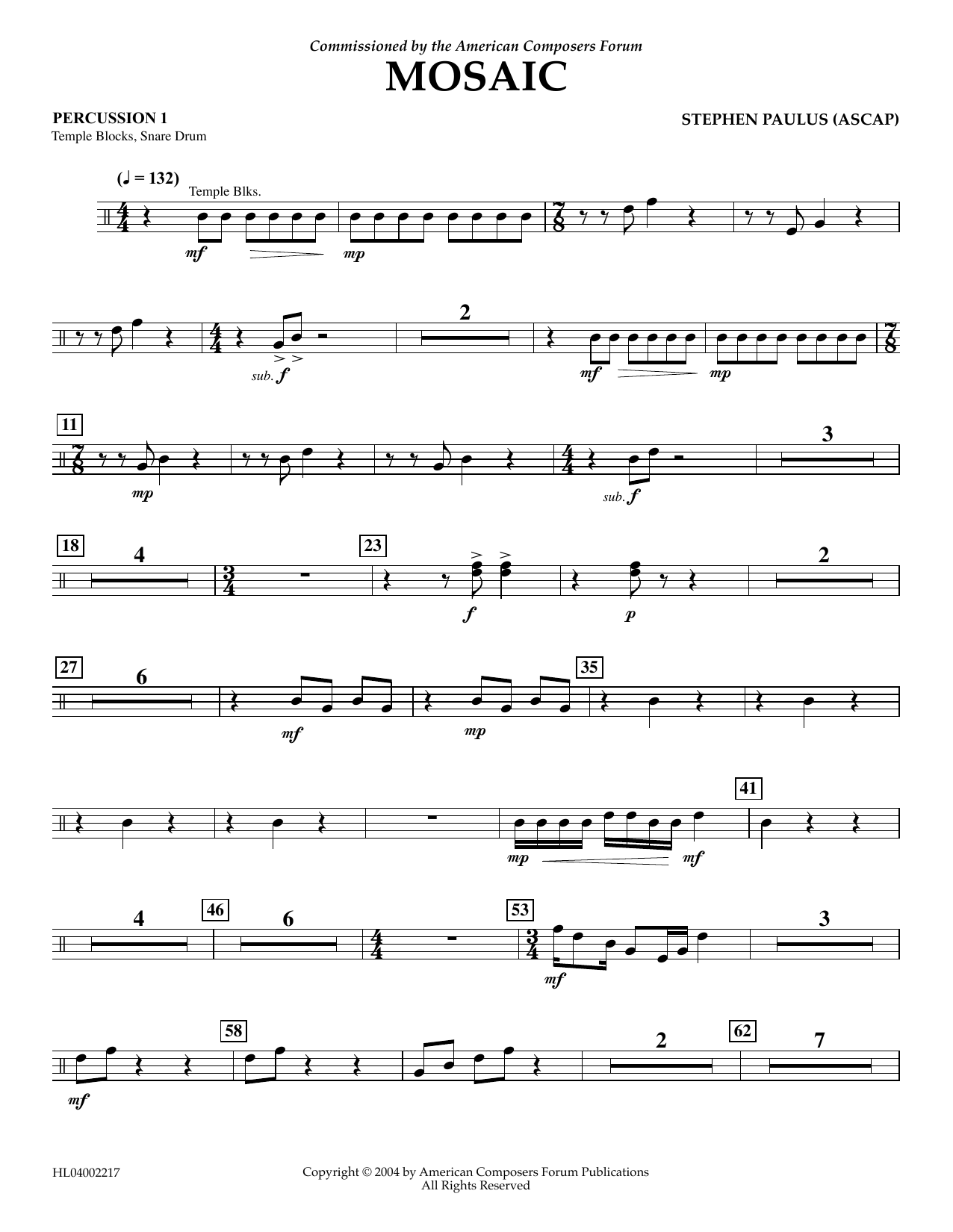 Download Stephen Paulus Mosaic - Percussion 1 Sheet Music