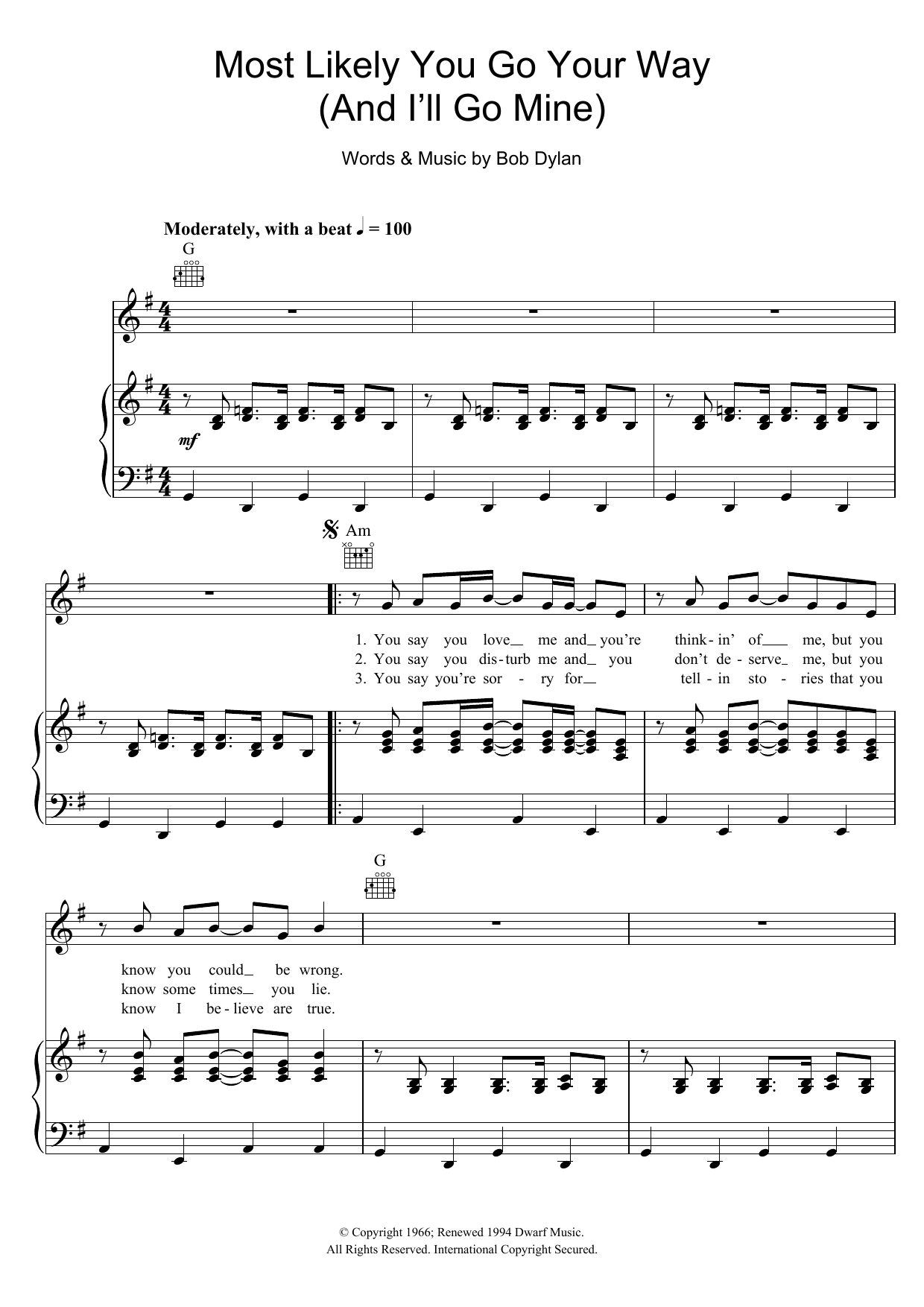 Download Bob Dylan Most Likely You Go Your Way (And I'll G Sheet Music