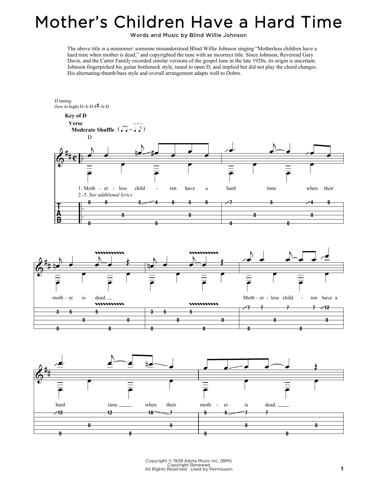 Download Blind Willie Johnson Mother's Children Have A Hard Time Sheet Music
