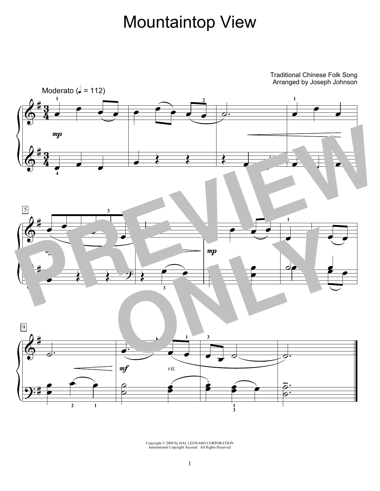 Download Traditional Chinese Folk Song Mountaintop View (arr. Joseph Johnson) Sheet Music