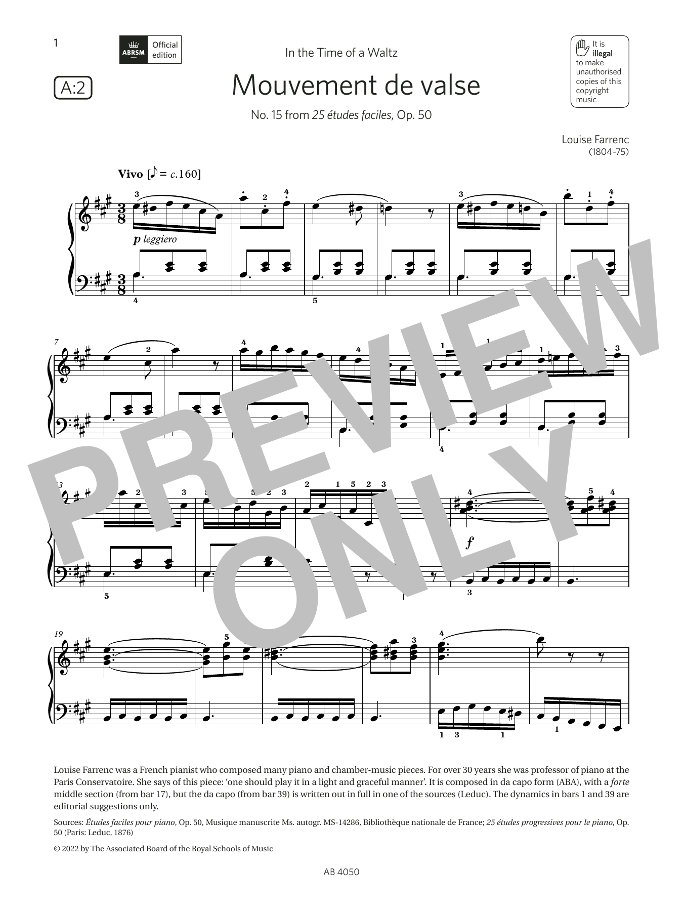 Download Louise Farrenc Mouvement de valse (Grade 4, list A2, f Sheet Music