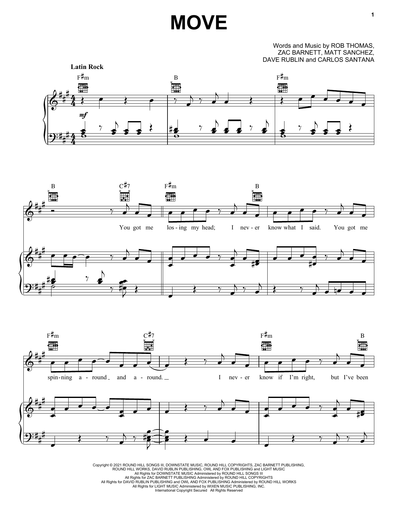 Santana, Rob Thomas & American Authors Move sheet music notes printable PDF score