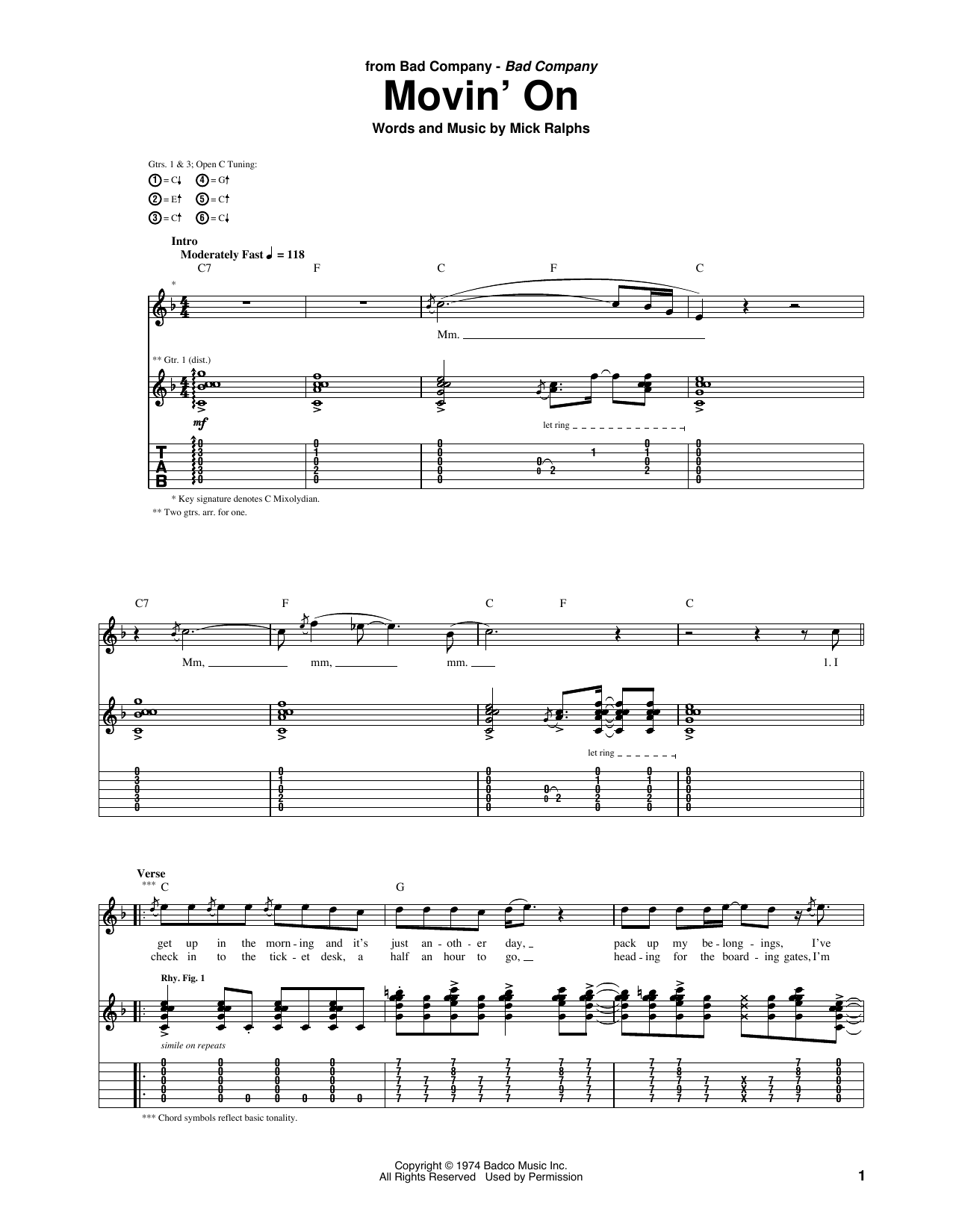 Download Bad Company Movin' On Sheet Music