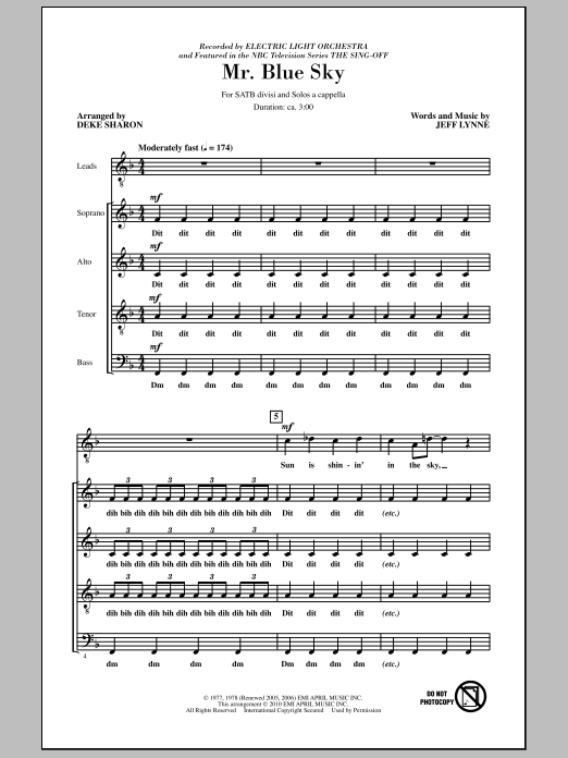 Download Deke Sharon Mr. Blue Sky (from NBC's The Sing-Off) Sheet Music