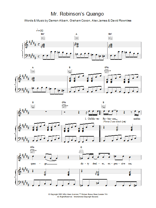 Blur Mr. Robinson's Quango sheet music notes printable PDF score