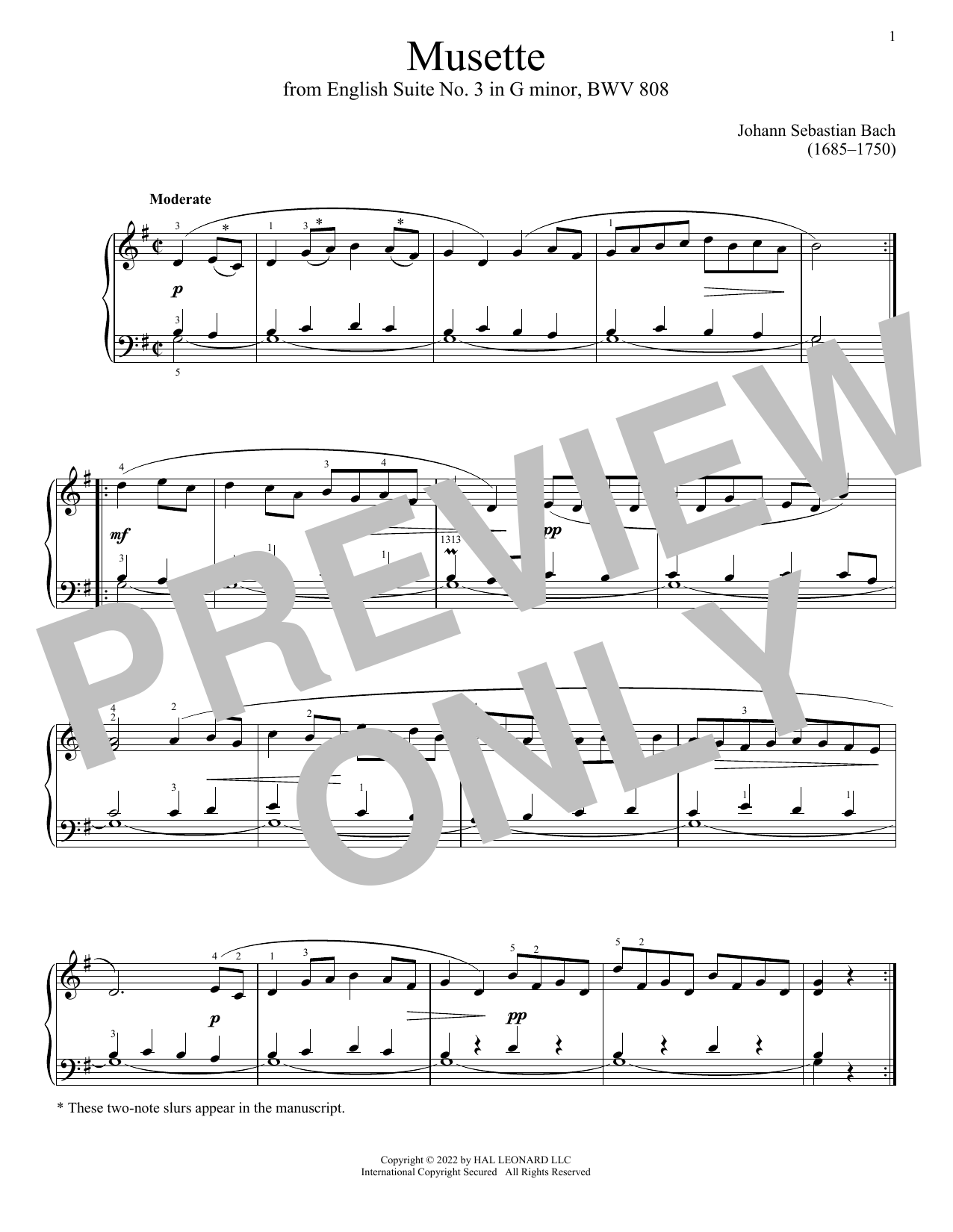 Download Johann Sebastian Bach Musette In G Major, BWV 808 Sheet Music