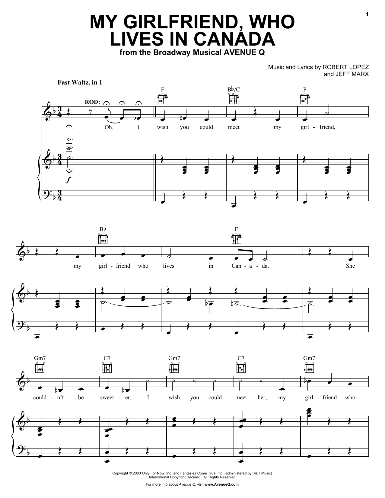 Download Robert Lopez & Jeff Marx My Girlfriend, Who Lives In Canada (fro Sheet Music