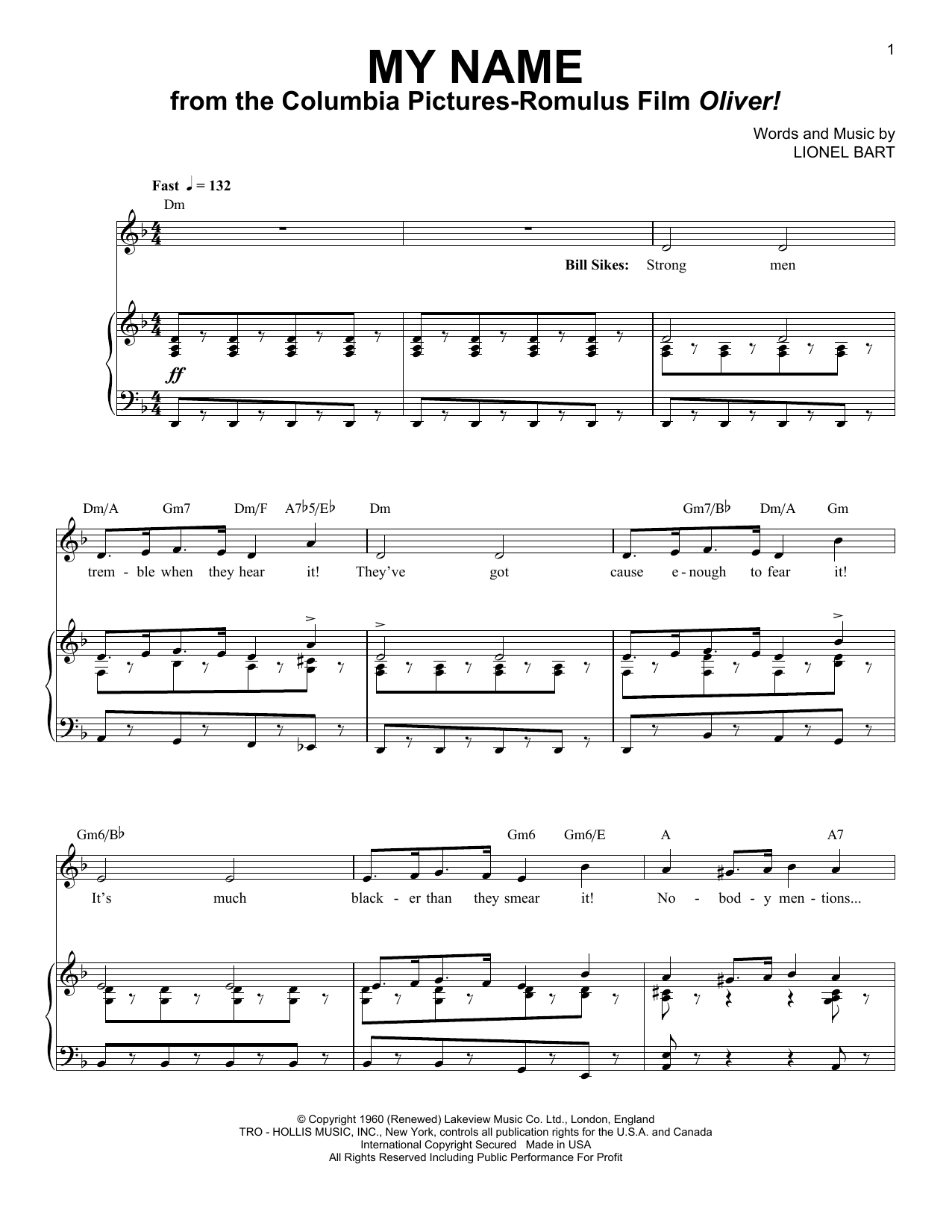 Download Lionel Bart My Name Sheet Music