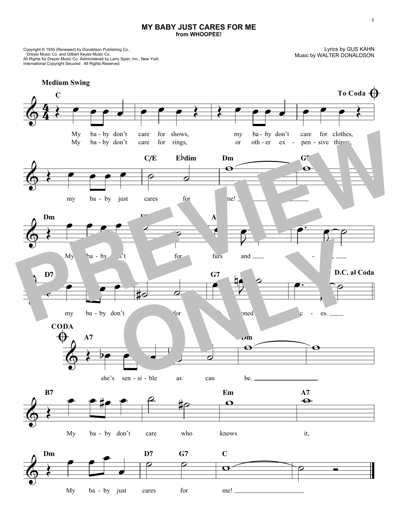 Download Walter Donaldson My Baby Just Cares For Me Sheet Music