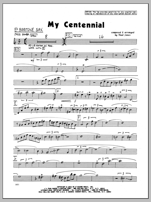 Download Thad Jones My Centennial - Baritone Sax Sheet Music