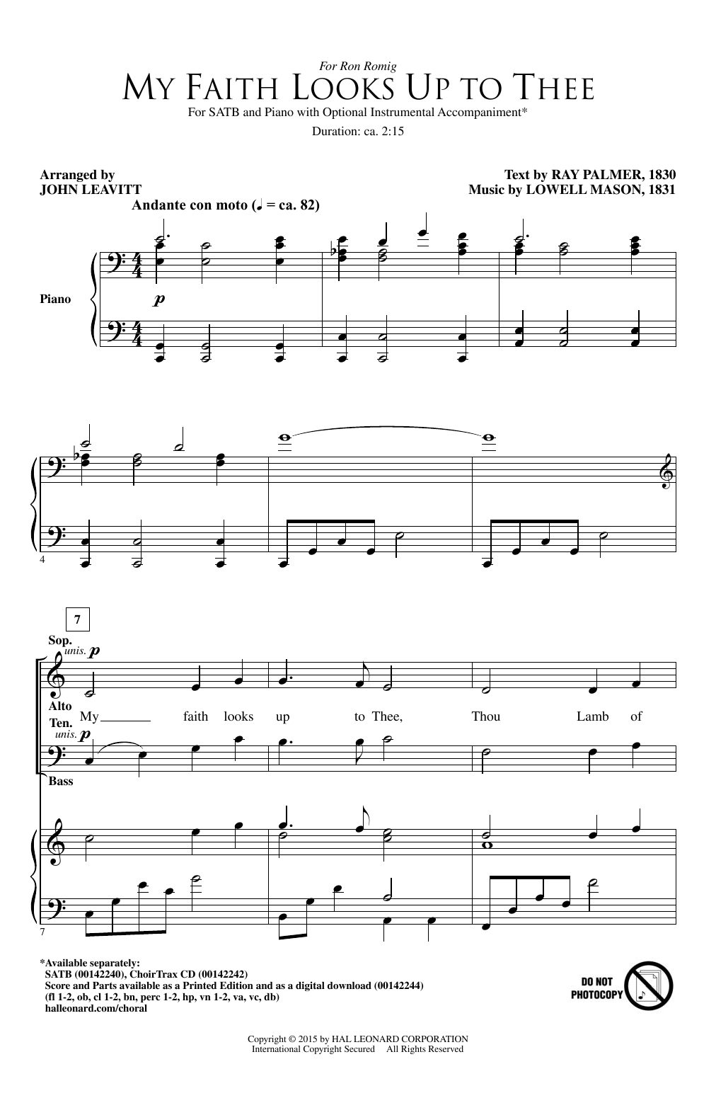 Download Lowell Mason My Faith Looks Up To Thee (arr. John Le Sheet Music