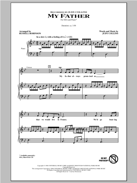 Download Judy Collins My Father (arr. Russell Robinson) Sheet Music