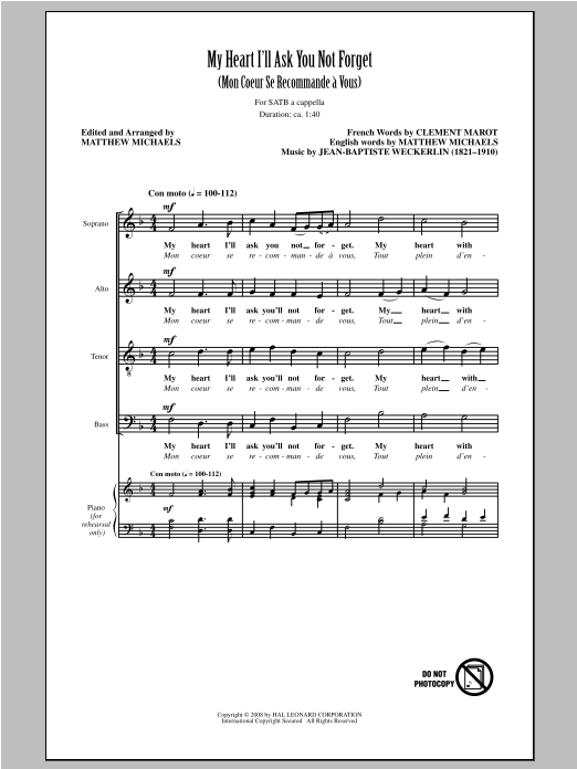 Download Jean-Baptiste Weckerlin My Heart I'll Ask You Not Forget (arr. Sheet Music