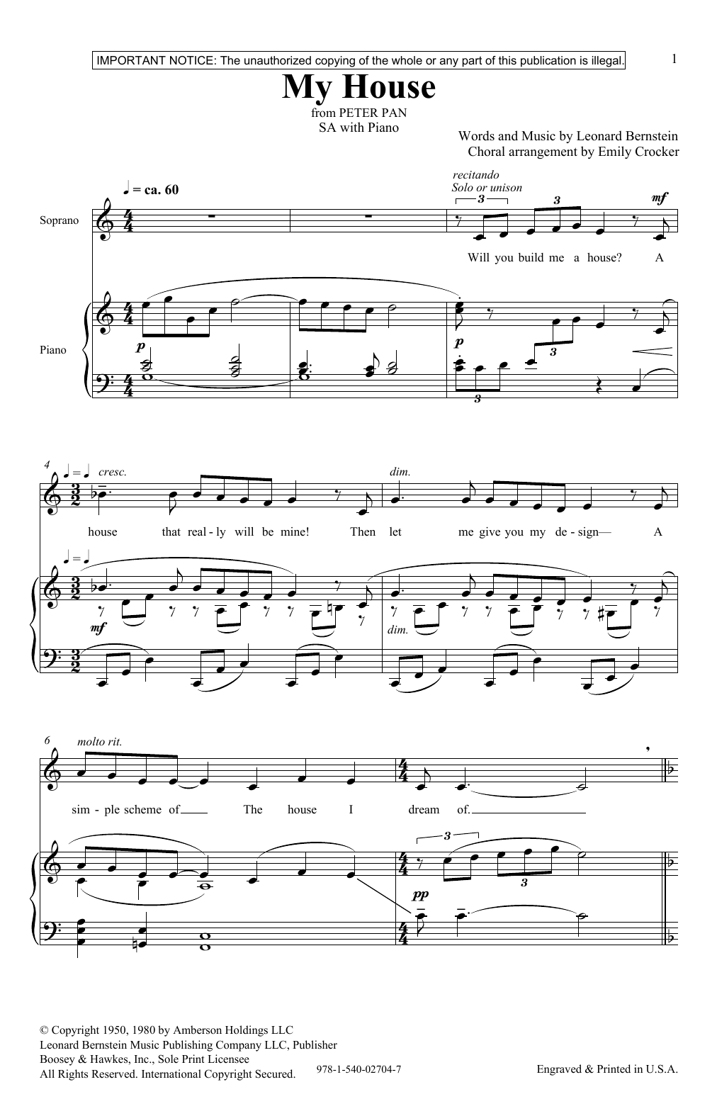 Download Leonard Bernstein My House (from Peter Pan Suite) (arr. E Sheet Music