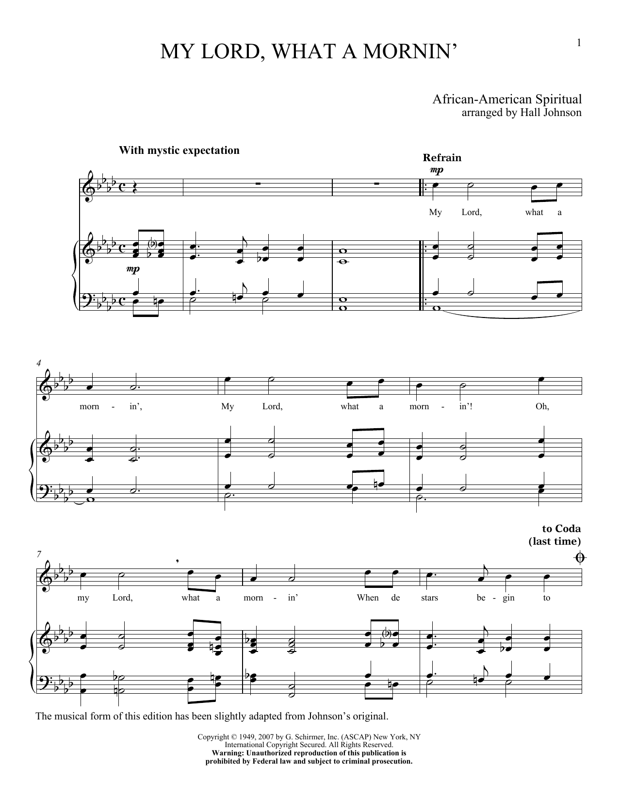 Download Hall Johnson My Lord What A Mornin' Sheet Music