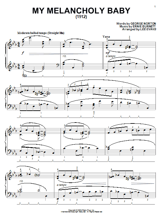 Ernie Burnett My Melancholy Baby sheet music notes printable PDF score