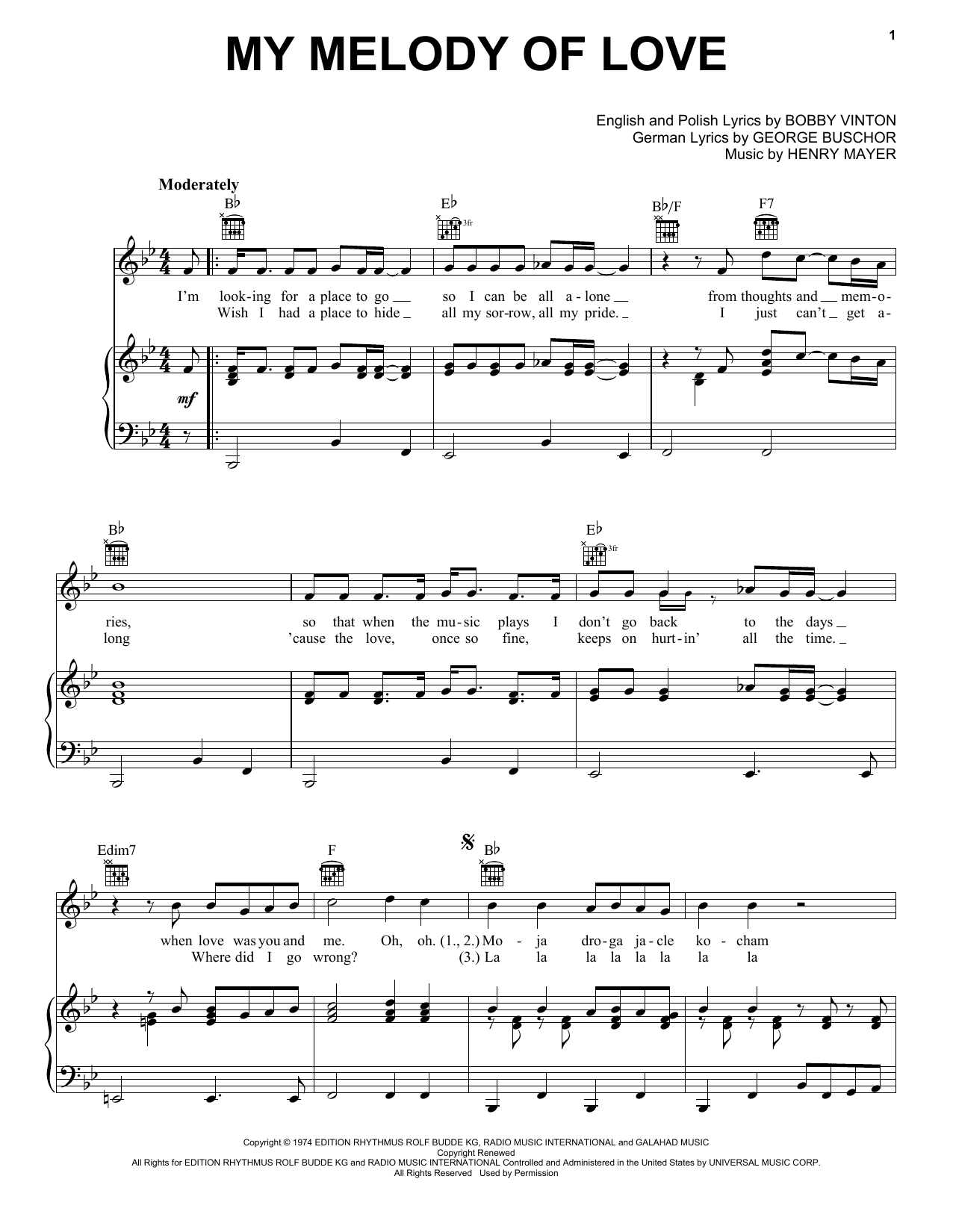 Download Bobby Vinton My Melody Of Love Sheet Music