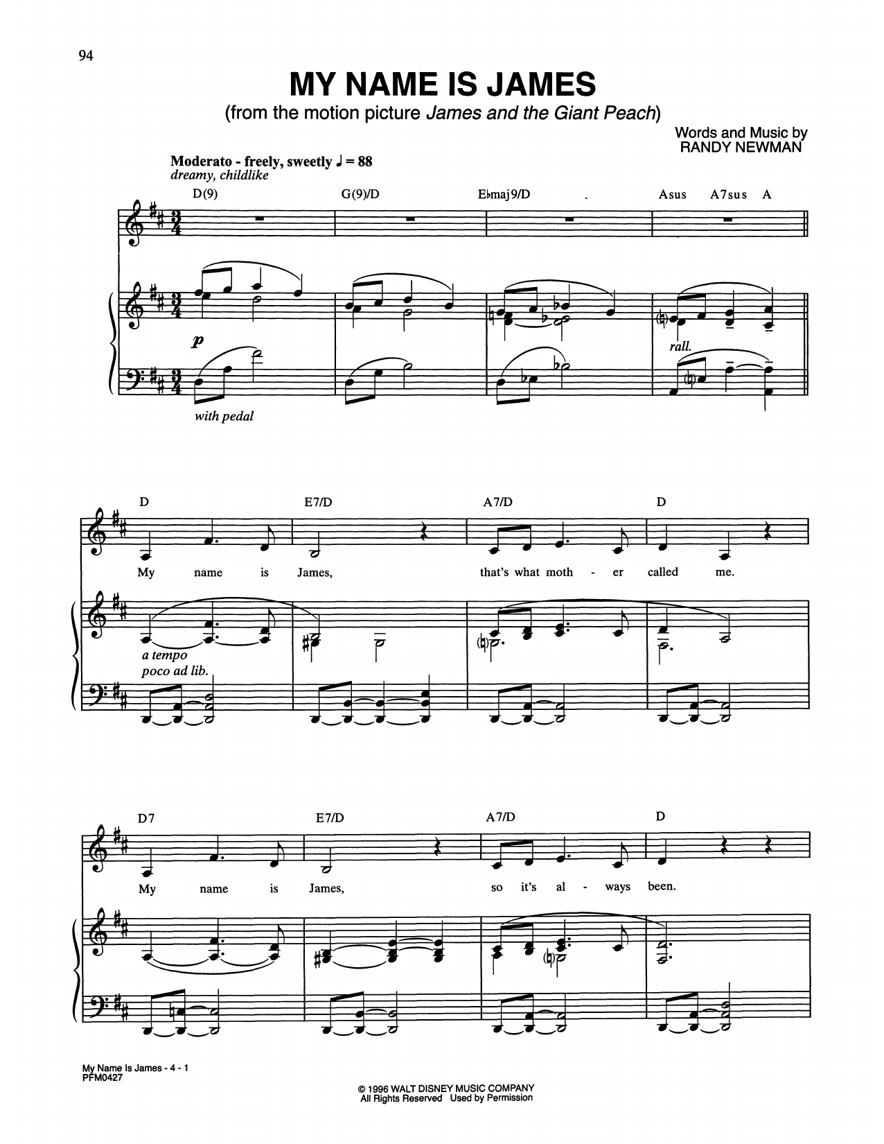 Download Randy Newman My Name Is James (from James and the Gi Sheet Music