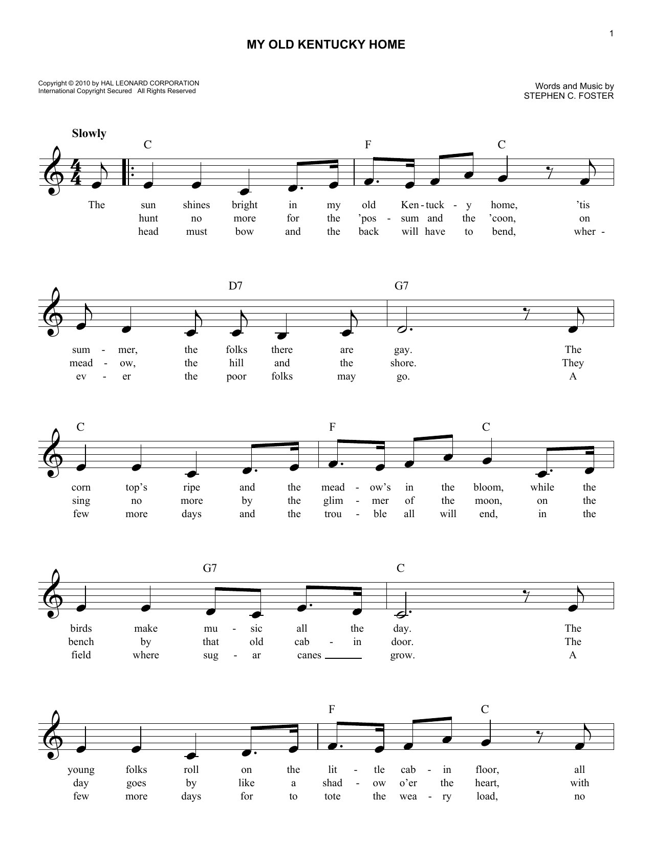 Download Stephen C. Foster My Old Kentucky Home Sheet Music