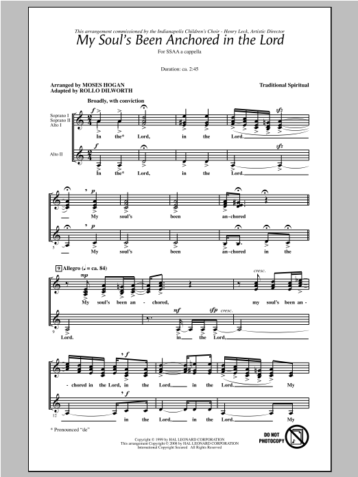 Download Traditional Spiritual My Soul's Been Anchored In De Lord (arr Sheet Music