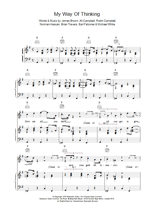 UB40 My Way Of Thinking sheet music notes printable PDF score