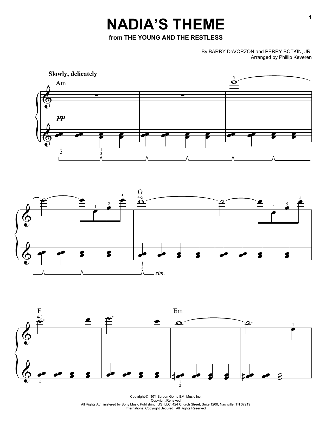 Download Barry DeVorzon & Perry Botkin, Jr. Nadia's Theme (arr. Phillip Keveren) Sheet Music
