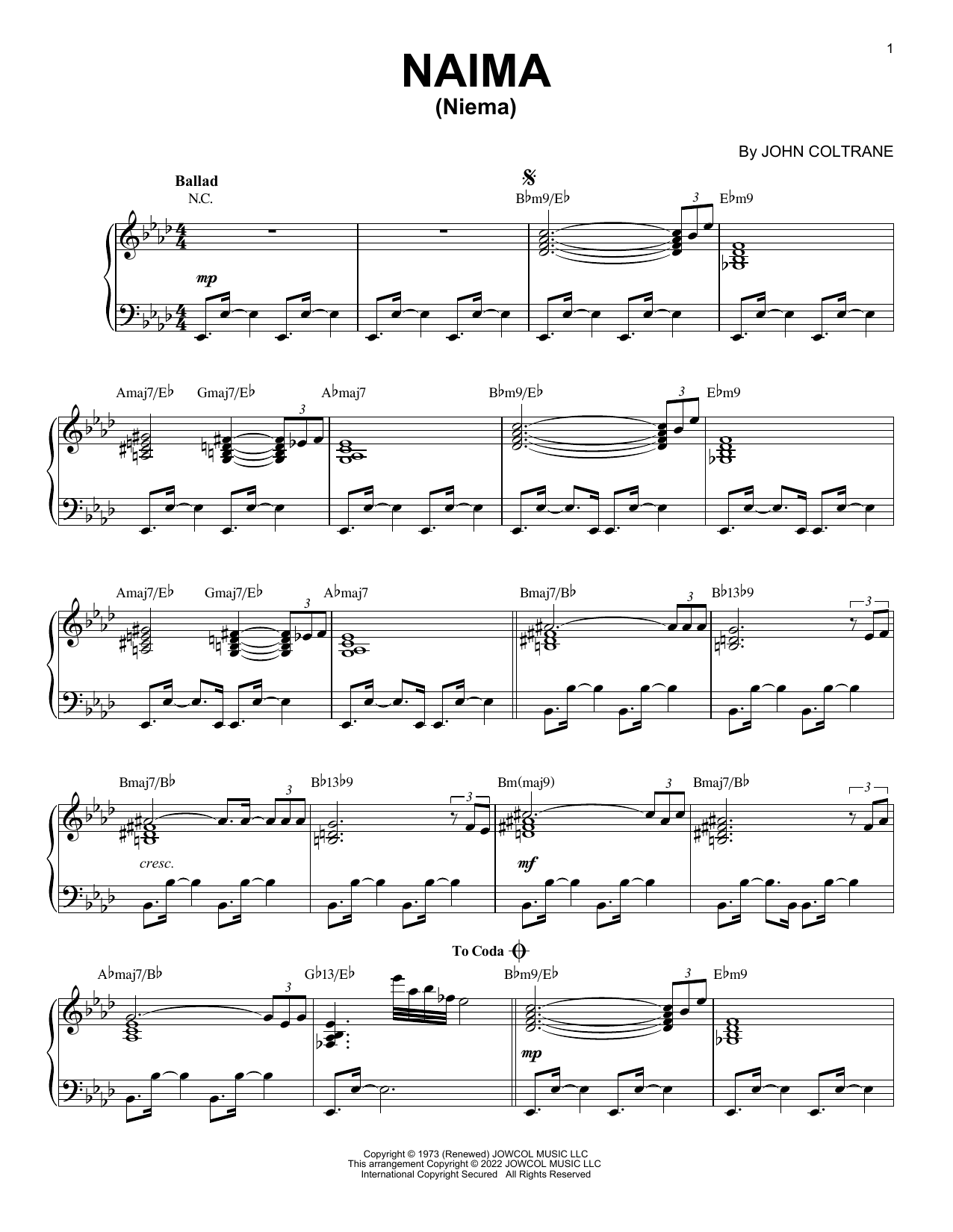 Download John Coltrane Naima (Niema) [Jazz version] (arr. Bren Sheet Music