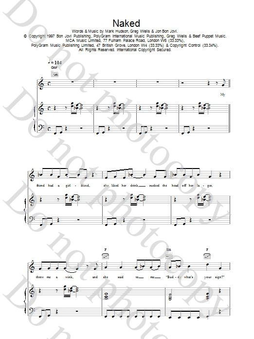 Jon Bon Jovi Naked sheet music notes printable PDF score