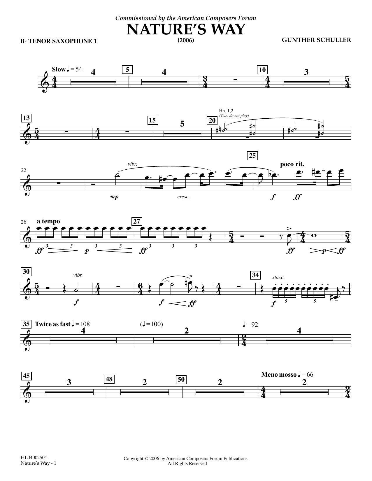 Download Gunther Schuller Nature's Way - Bb Tenor Saxophone 1 Sheet Music