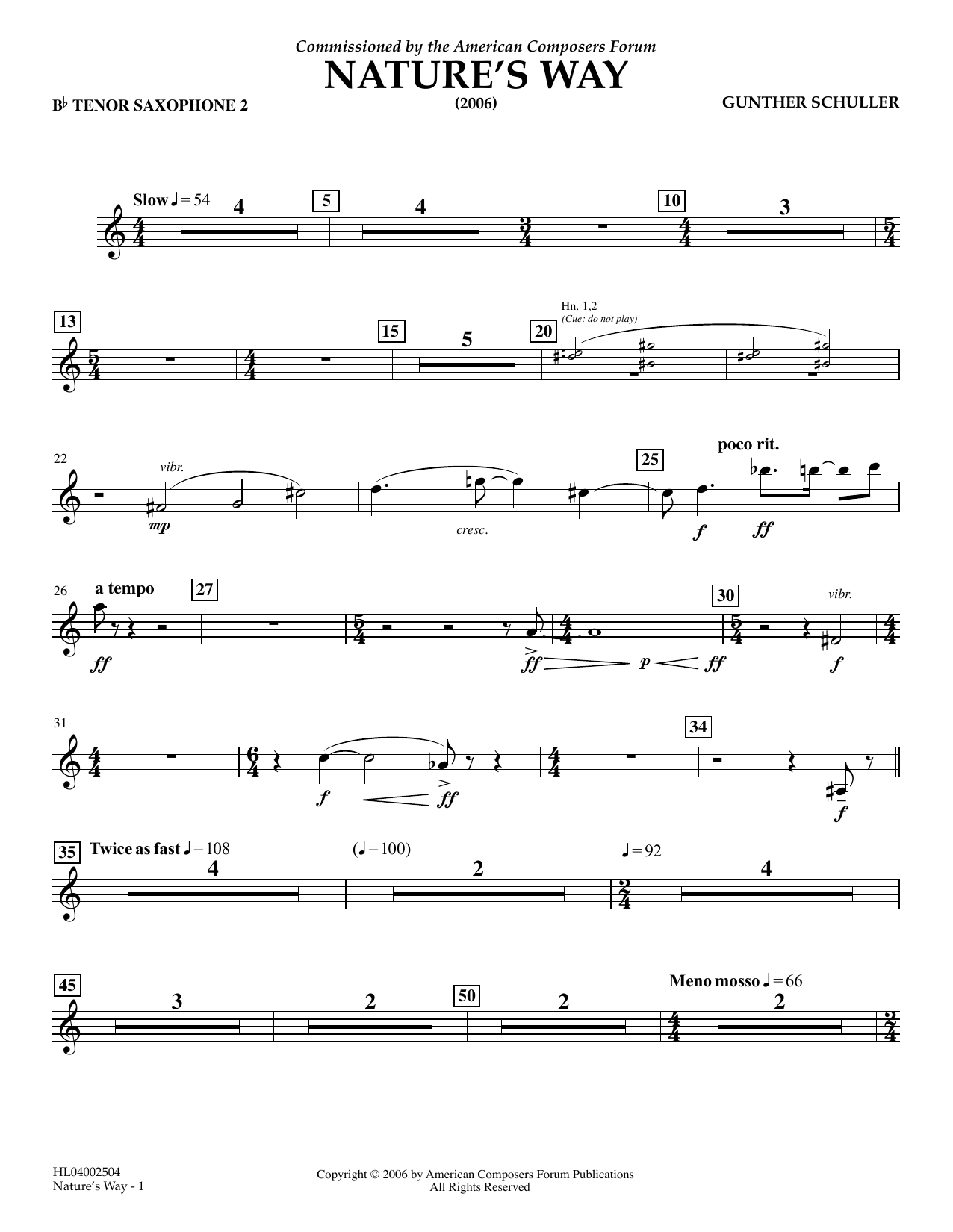 Download Gunther Schuller Nature's Way - Bb Tenor Saxophone 2 Sheet Music