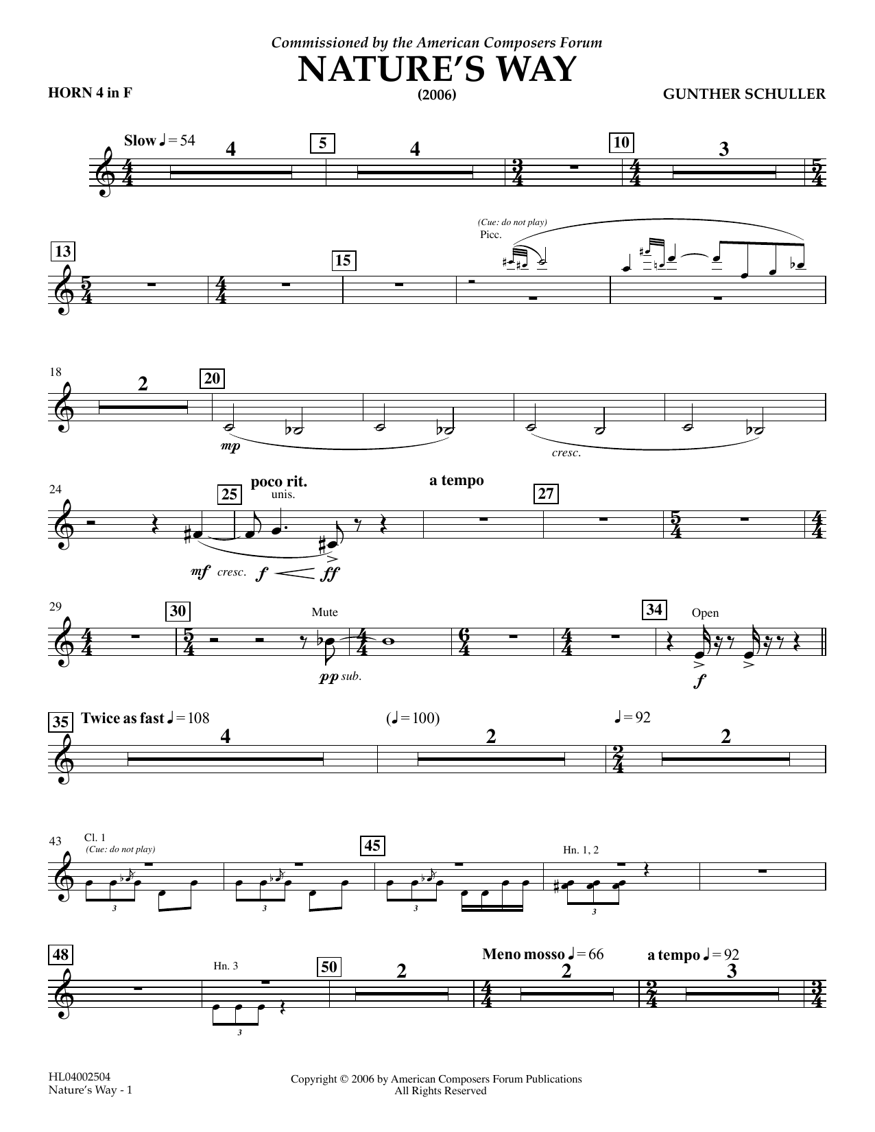 Download Gunther Schuller Nature's Way - F Horn 4 Sheet Music