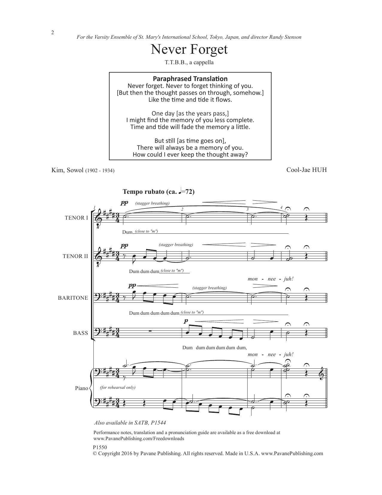 Download Cool-Jae Huh Never Forget Sheet Music
