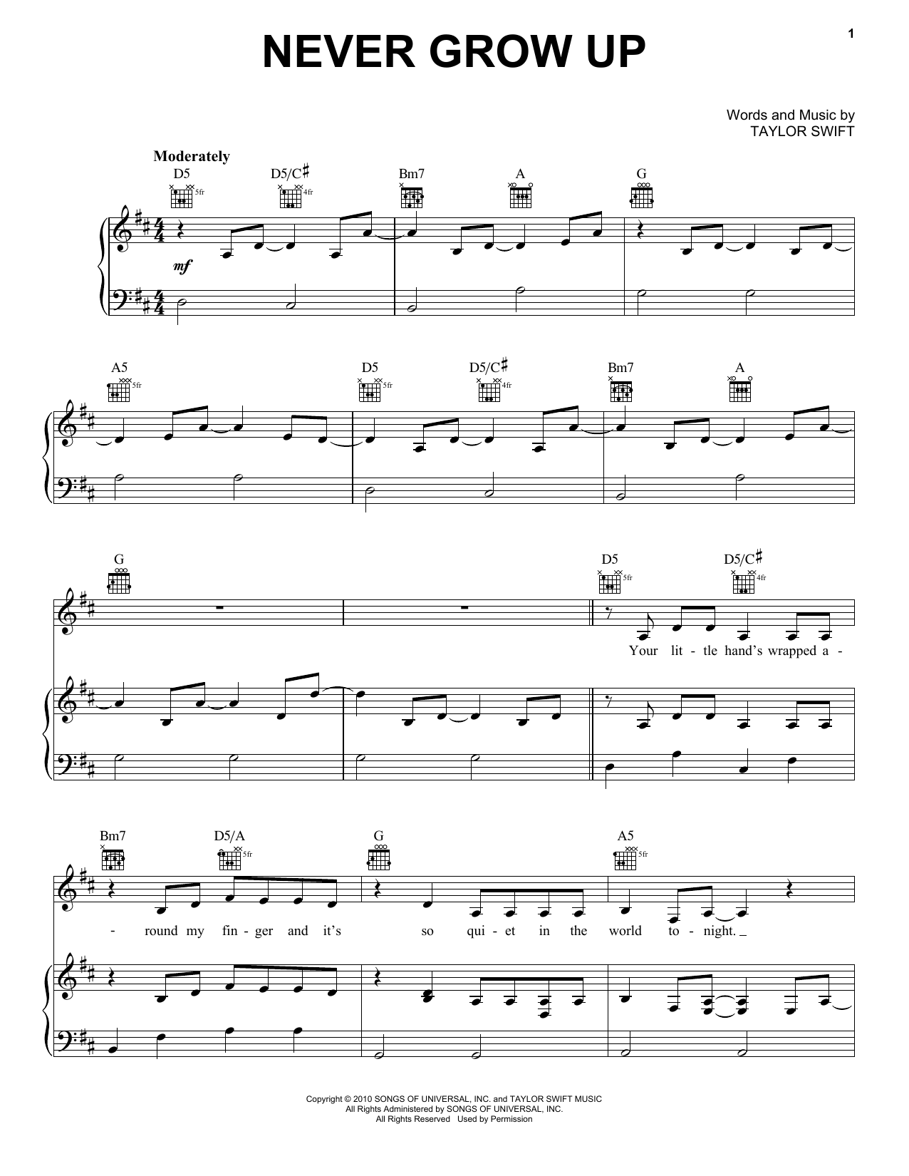 Download Taylor Swift Never Grow Up (Taylor's Version) Sheet Music
