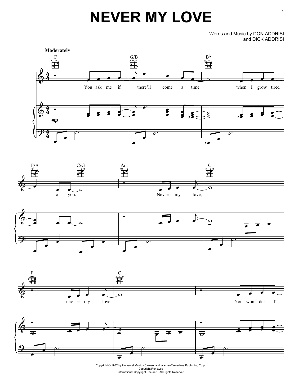 Download The Association Never My Love Sheet Music