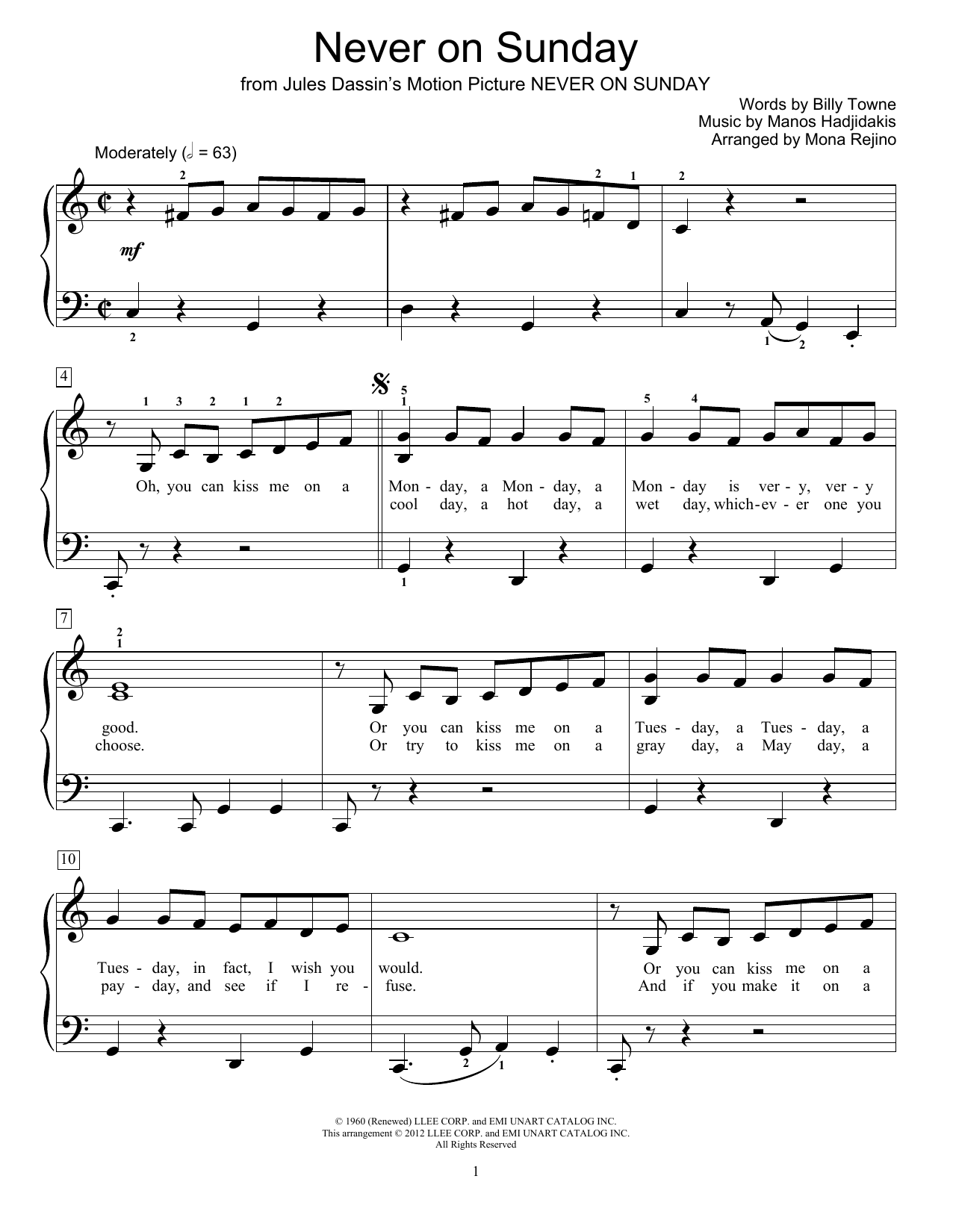 Download Billy Towne Never On Sunday Sheet Music