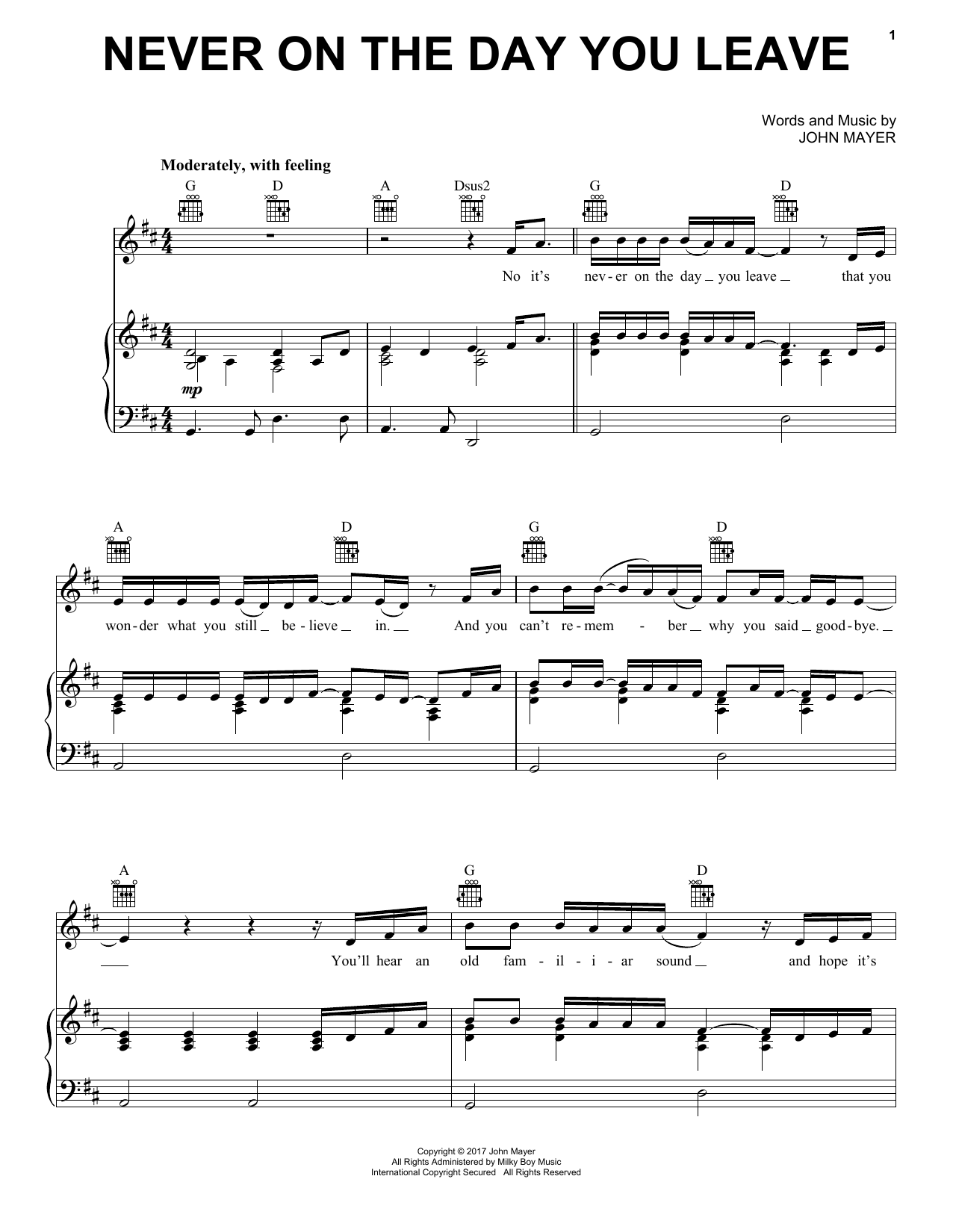 Download John Mayer Never On The Day You Leave Sheet Music