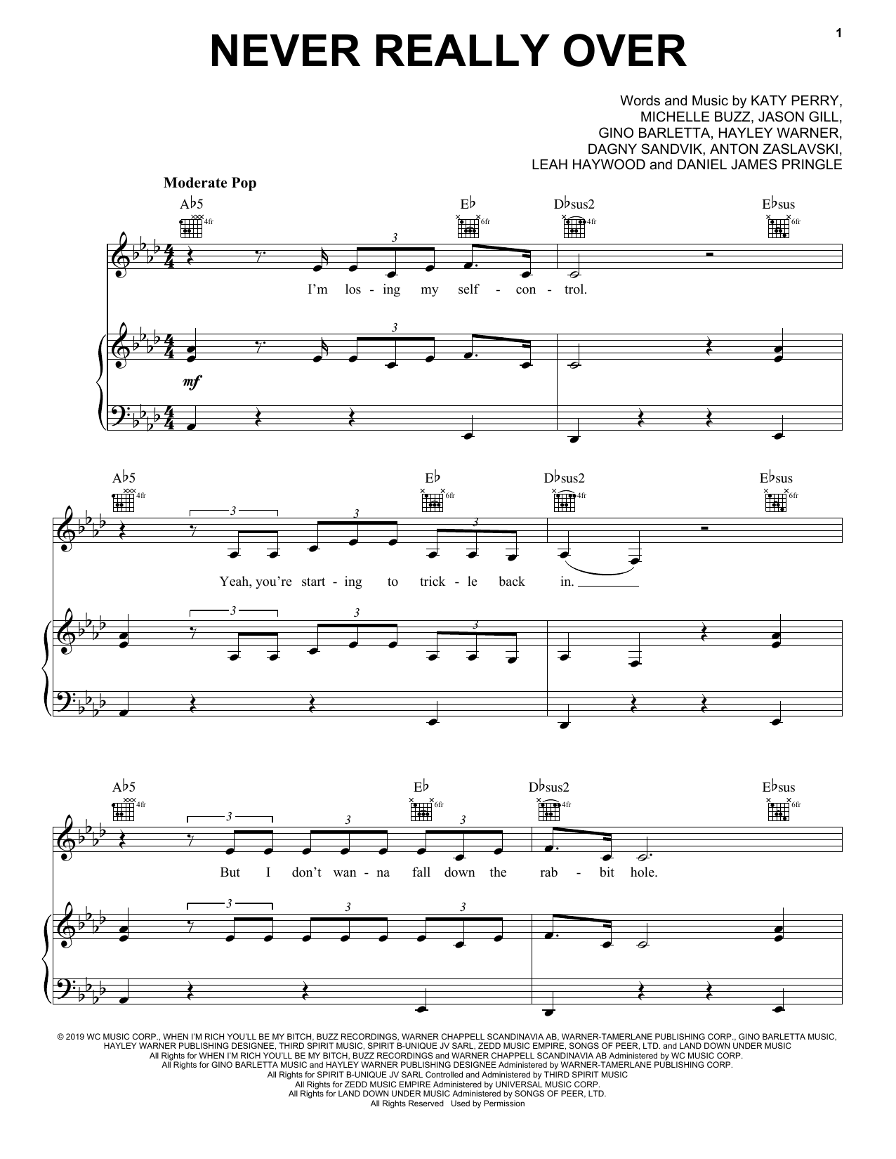 Katy Perry Never Really Over sheet music notes printable PDF score