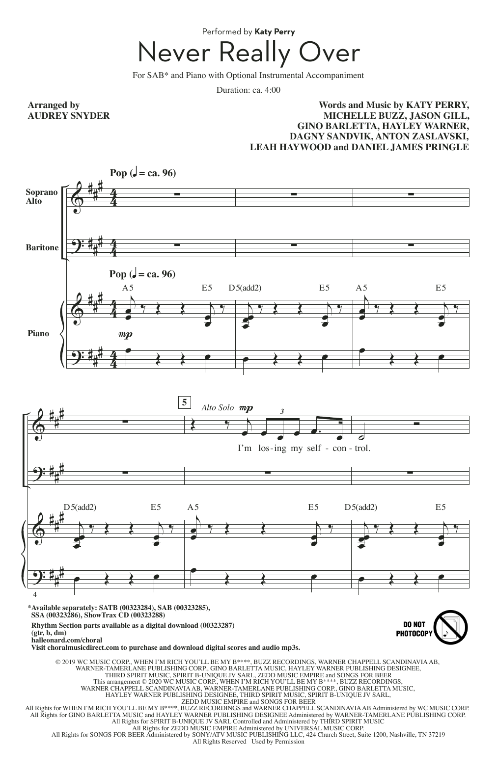 Download Katy Perry Never Really Over (arr. Audrey Snyder) Sheet Music