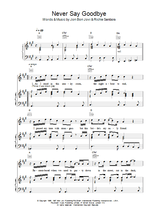 Bon Jovi Never Say Goodbye sheet music notes printable PDF score