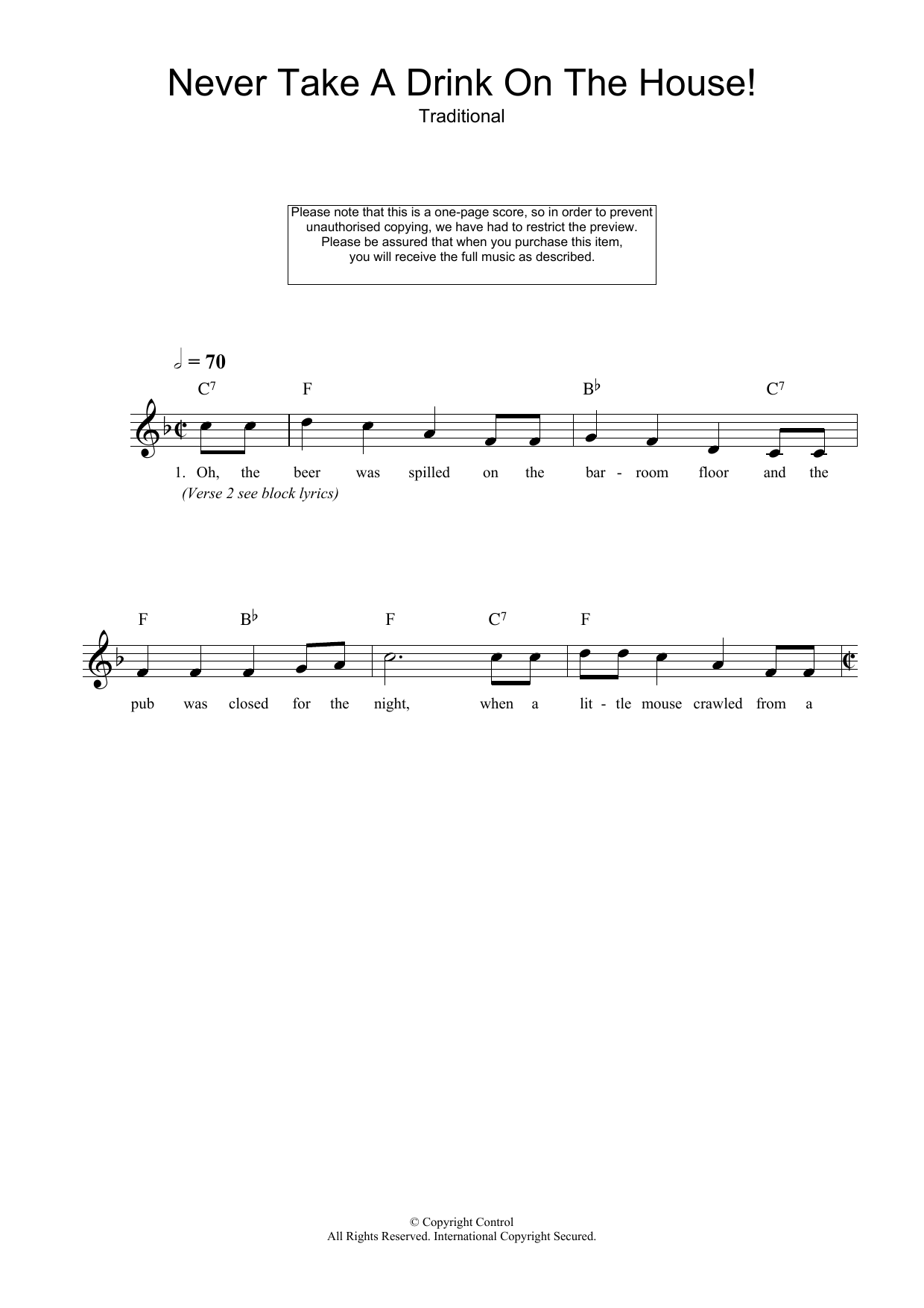 Download Traditional Never Take A Drink On The House! Sheet Music