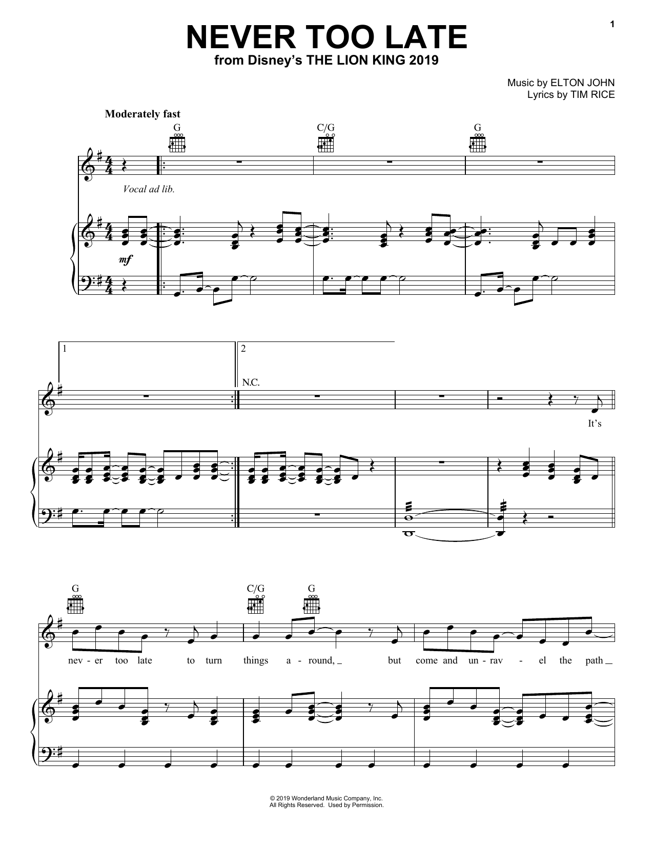 Download Elton John Never Too Late (from The Lion King 2019 Sheet Music
